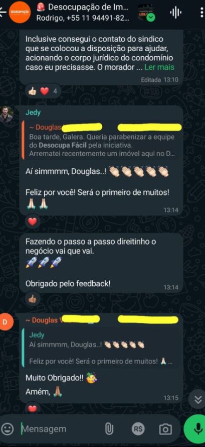 Conversa do Whatsapp sobre a desocupação de imóvel de leilão Conversa do Whatsapp sobre a desocupação de imóvel de leilão
